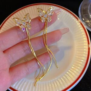 Butterfly Long Tassle Drop Dangle White Baguette Diamond Stud 14K Gold Earrings 
